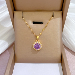 Purple Round Zircon Pendant Necklace Stainless Steel Gold Plated Wave Chain Elegant Jewelry For Women