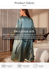 Detail of teal satin floral robe showing imitation silk texture and flowery pattern
