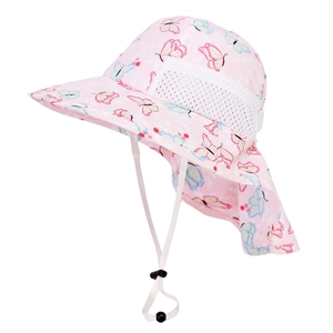 Detail view of pink butterfly print sun hat featuring mesh vents and neck protection flap