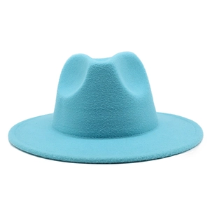 Detailed view of sky blue felt fedora with fine stitching and classic wide brim
