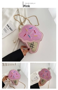 Detail of pink ice cream shaped crossbody bag with sequins and golden chain strap
