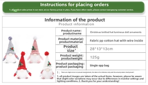 Detailed size specifications for a glowing Christmas gnome plush doll with a knit hat