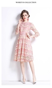 Vue détaillée de la dentelle rose et du col montant sur une robe ligne A chic