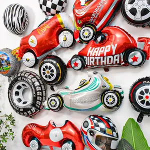 Racing theme foil balloon set with red car, motorcycle and helmet for party decor