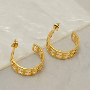 Fashionable gold hollow cross C-shaped stainless steel hoop earrings for women