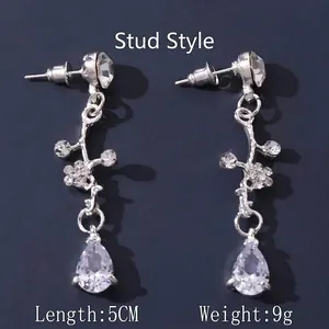 Silver bridal drop earrings with crystals and tassels, stud style, 5cm length