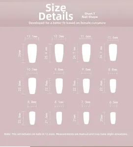 Detailed size chart for short T-shape press-on nails showing 12 dimensions and 24 pieces
