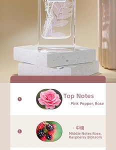 Detail of essential oil diffuser with pink pepper, rose notes and dried purple ferns