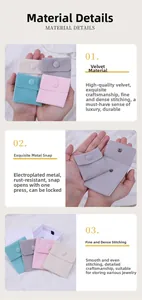 Detail of high-quality velvet jewelry pouches with durable metal snap buttons and fine stitching