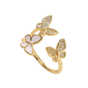 Elegant gold-plated butterfly open ring featuring white enamel and cubic zirconia stones