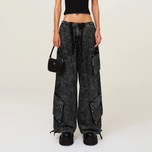 Women Cargo Pants Washed Denim Cotton Multi Pockets Wide Leg Loose Casual Streetwear Retro Low Waist Long Trousers