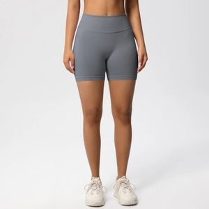 Close-up of high-waisted seamless sports shorts in grey-blue with elastic knitted texture