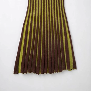 Brown and green striped knit pleated skirt with thick texture and vertical pattern