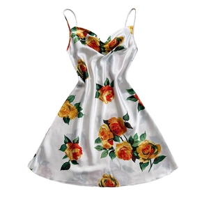 Floral satin slip dress in white with orange rose print and elegant cowl neckline