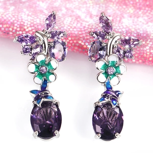 Vintage floral drop earrings with oval purple stones and colorful enamel details