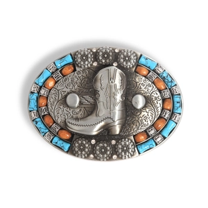 Oval silver belt buckle with turquoise, cowboy boot relief and floral carvings