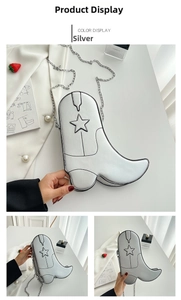 Detail of silver boot-shaped crossbody bag with star stitching and metal chain