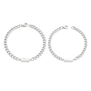 Polished silver stainless steel Cuban link couple bracelets with Forever and Always engraving
