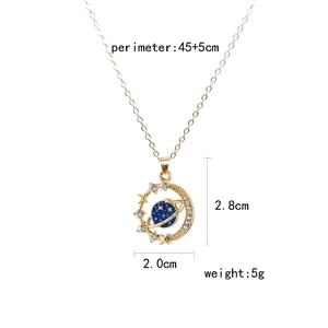 Detailed view of blue planet necklace with gold stars, moon pendant, and measurements