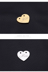Polished heart-shaped Mother metal charms in gold and silver with Mae engraving