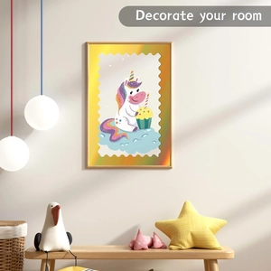 Unicorn cartoon art print with rainbow mane and wood frame for kids' room wall decor