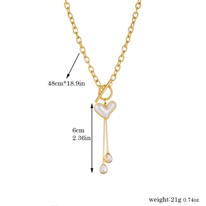 Gold titanium steel heart necklace with toggle clasp and drop crystal tassel charms