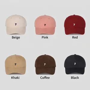 Classic cotton baseball caps in six colors featuring embroidered number seven on front