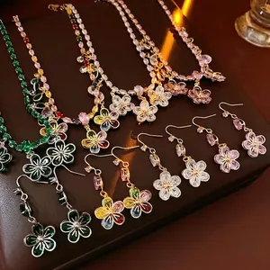 Flower Waterdrop Necklace And Earrings Copper Zircon Palace Style Luxury Vintage Jewelry For Women