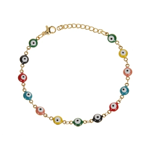 Macro detail of adjustable gold evil eye bracelet with colorful enamel charms and lobster clasp
