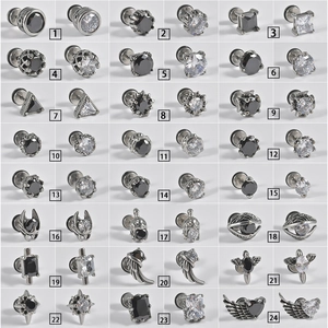 Punk Hip Hop Stud Earrings Stainless Steel Zircon Geometry Heart Wing Screw Back Gothic Jewelry For Men Women