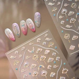 3D embossed nail art stickers with golden clouds and traditional Chinese motifs