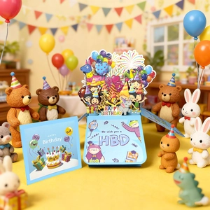 3D butterfly pop-up birthday greeting card box with cute animal party background