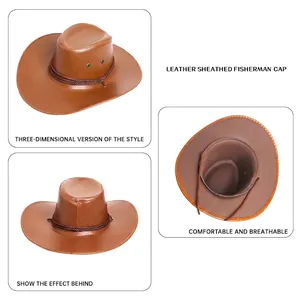 Brown PU leather western cowboy hat with wide brim and woven rope detail on white background