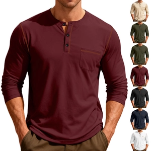 Detail of burgundy men's Henley shirt with chest pocket and contrast stitching accents