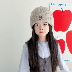Kids warm knit beanie with letter N embroidery and double layer thermal wool in beige