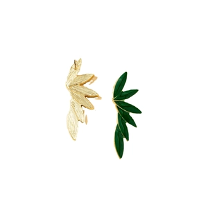 Elegant gold and dark green leaf drop earrings with geometric enamel leaf pendants
