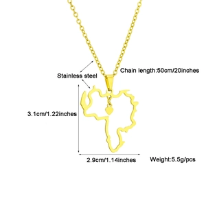 Detailed dimensions of gold stainless steel Venezuela map pendant necklace with heart charm