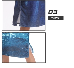 Detail of blue starry microfiber beach robe showing side slit and wiring stitching