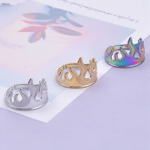 Adjustable stainless steel flame rings in silver, gold, and rainbow metallic finishes