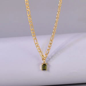 Retro Emerald Green Zircon Pendant Necklace 18K Gold Plated Stainless Steel Figaro Chain For Women Vintage Jewelry