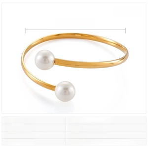 Detail showing an open stainless steel cuff with shell pearls and product dimensions