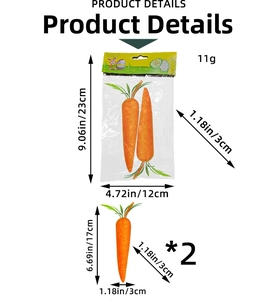 Detail of 2-piece glitter Easter carrot set with dimensions and packaging specifications