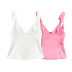 Haut À Bretelles En Satin Sexy Pour Femmes Col En V Nœud Épaule Fermeture Éclair Dos Coupe Ajustée Chic