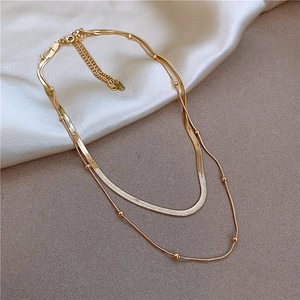 Dubbellaagse gouden titanium stalen platte slangenketting met kleine kralen voor dames