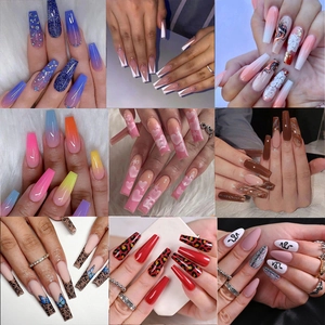 Long Coffin Press On Nails Gradient Leopard Butterfly Heart Patterns Wearable False Nails Artificial Manicure Tips With Jelly Glue