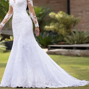Elegant white lace long sleeve mermaid wedding dress with open back and slim fit design