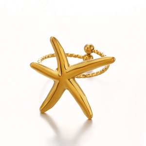 Bague étoile de mer dorée en acier inoxydable pour les vacances à la plage et voyage