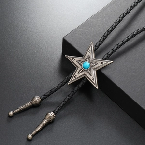 Vintage punk bolo tie with pentagram turquoise slider and black braided leather cord