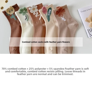 Detailed view of combed cotton socks with 3D feather yarn floral embroidery and soft earth tones