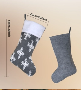 Detail of 20-inch plush Christmas stockings showing snowflake texture and dimensions